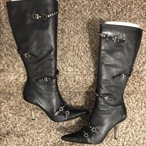 Steve Madden Black Leather Metallic Heeled Boots-Sz 9.5M-EUC !!